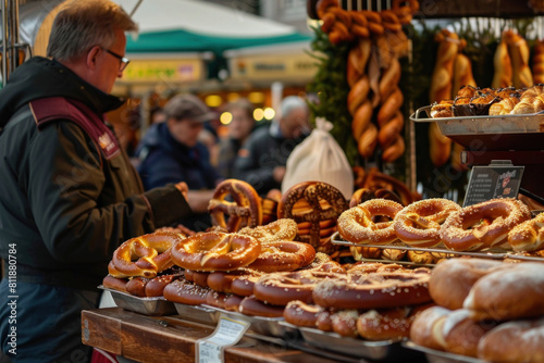 Traditional bakery stall at a local market showcasing fresh pretzels and breads, inviting a taste of local cuisine.