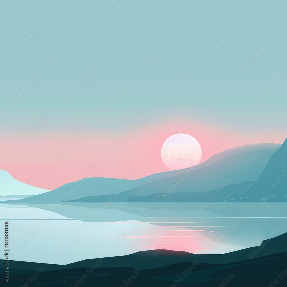 Minimalistic Sunset Over Mountains with Calm Waters and Pastel Colors

