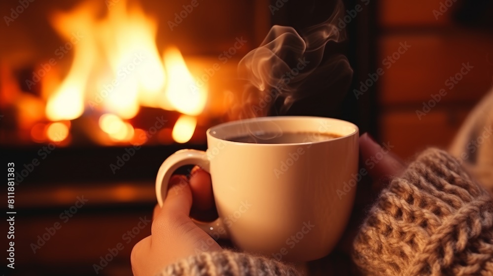 Fototapeta premium Hands Holding Cup by Fireplace. Concept Cozy Moments,