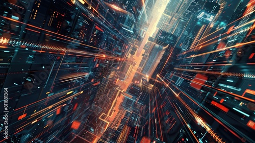 Futuristic Cityscape with Neon Lights and Digital Elements in Motion 