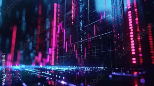 Futuristic Digital Data Visualization with Neon Lights and Graphs 