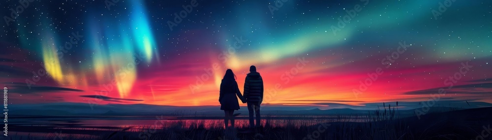 Obraz premium Write a short story about a couples romantic evening under the beautiful Aurora borealis in Oregon, captured in stunning 8K detail