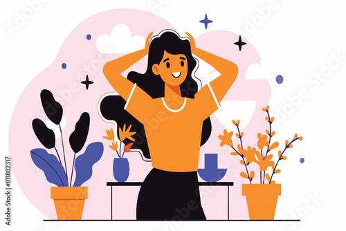 A joyful woman relaxes among indoor plants, radiating positivity