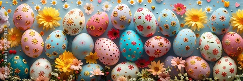 3D colorful Easter eggs and spring flowers on pastel background. Happy Easter banner. photo