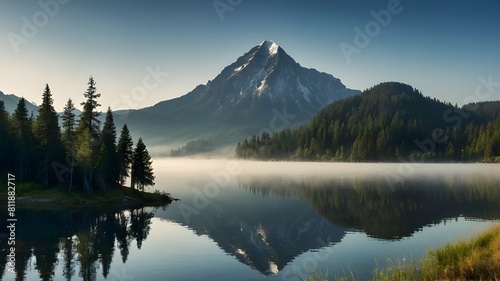 A majestic mountain landscape enveloped in mist