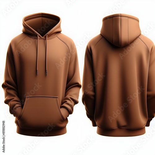 Blank  brown hoodie template. front and back of hoodie in one image , increase the width size of image and show full hoodie, Hoodie sweatshirt long sleeve with clipping path