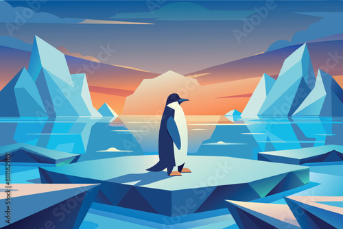A penguin greets the day atop an iceberg under a pastel sky