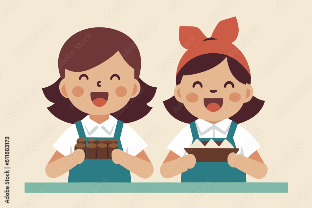 Animated girls with chocolates, beaming with joy Animated girls with chocolates, beaming with joy