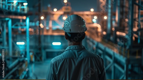 An engineer wearing a hard hat is looking at an industrial plant.