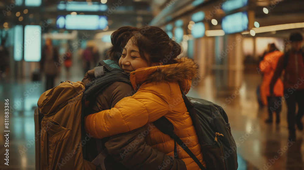 Against the backdrop of arrival gates, travelers eagerly greet their loved ones with hugs and kisses, their faces beaming with happiness and relief as they reunite after long journ