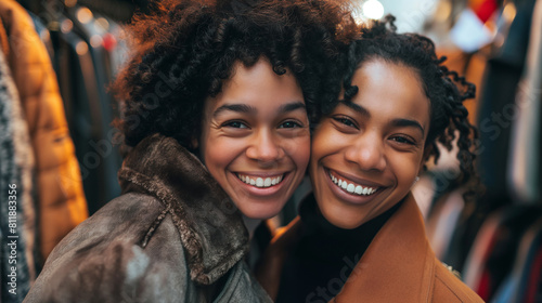 With beaming smiles, a mother and daughter share a tender moment during their shopping day, their faces close-up as they browse through racks of clothes together, enjoying each oth