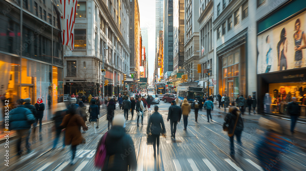 In the heart of the downtown district, pedestrians move with purpose and determination along busy thoroughfares, their movements a blur of activity against the backdrop of towering