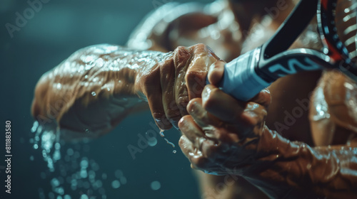 Close-up of a muscular athlete's hands being washed with a stream of water during an intense workout session.