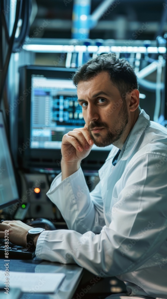 Obraz premium Thoughtful Engineer in a Modern Electronics Factory Harnessing AI for Automation and Analysis