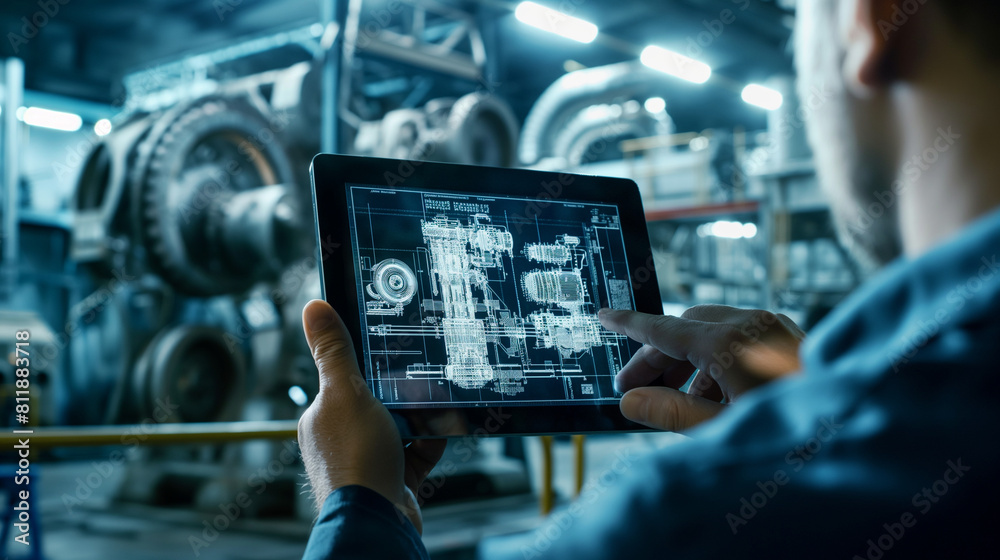 The engineer scrutinizes the intricate blueprint on their tablet screen, zooming in to reveal the delicate network of gears and pulleys that power the machine.