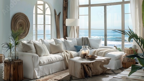 Tranquil coastal retreat living room with panoramic ocean views, showcasing a linen slipcovered sofa, driftwood accents, and a soothing color palette inspired by the sea for ultimate relaxation