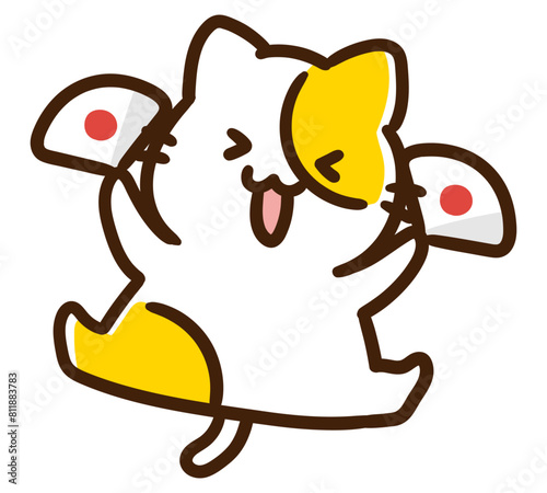 扇子を持ってあっぱれ喜ぶかわいいねこのキャラクターのコミカルなイラスト