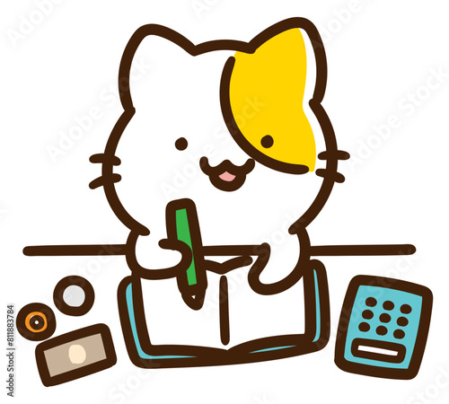 家計簿をつけてお金の管理をするかわいいねこのキャラクターのデフォルメイラスト