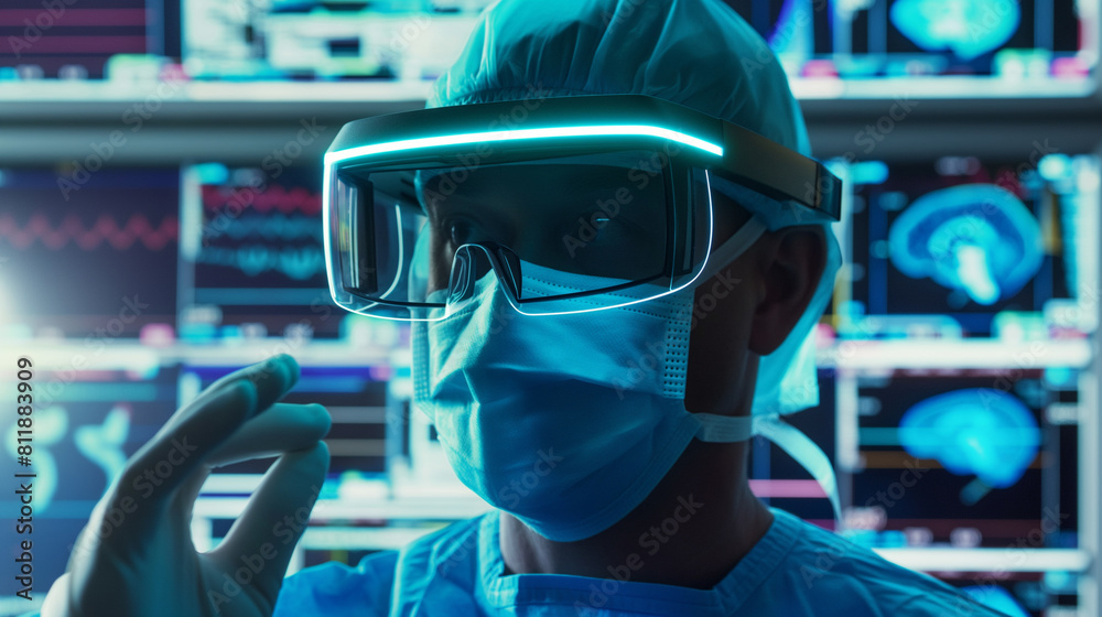 A surgeon dons augmented reality glasses, their field of view overlaid with vital patient information and real-time imaging data, enhancing precision and reducing surgical risks to A surgeon dons augmented reality glasses, their field of view overlaid with vital patient information and real-time imaging data, enhancing precision and reducing surgical risks to