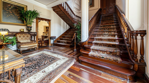 Traditional apartment entryway with ornate wooden staircase and classic furnishings 