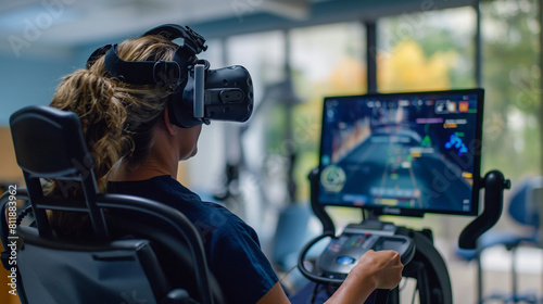 Inside a state-of-the-art rehabilitation center, patients engage in immersive virtual reality therapy sessions, using gamified simulations to regain mobility, retrain neural pathwa photo