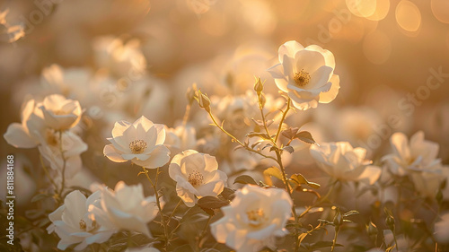 Sunlight shines on a field of white roses