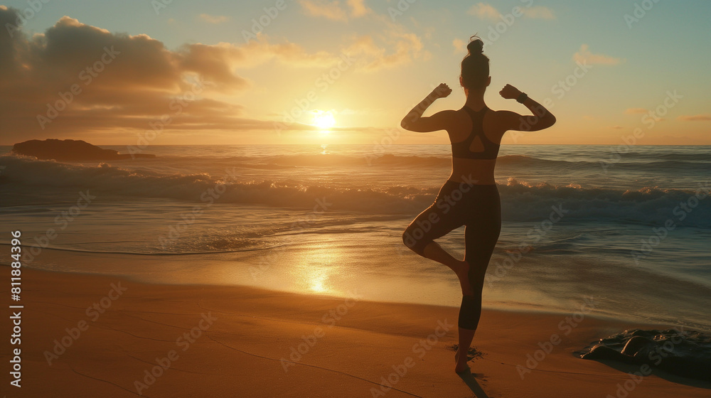 With the sun setting behind her, a woman practices pilates on a sandy beach, the sound of crashing waves serving as her soundtrack as she strengthens her core and improves her flex