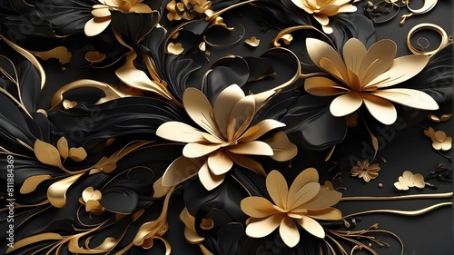 3D render  3D illustration  luxury background  black and gold  flowery shapes  black silk texture with golden embellishments  4k abstract beautiful design