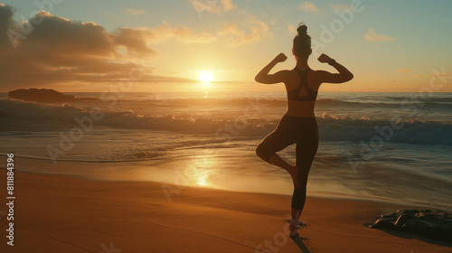 With the sun setting behind her  a woman practices pilates on a sandy beach  the sound of crashing waves serving as her soundtrack as she strengthens her core and improves her flex