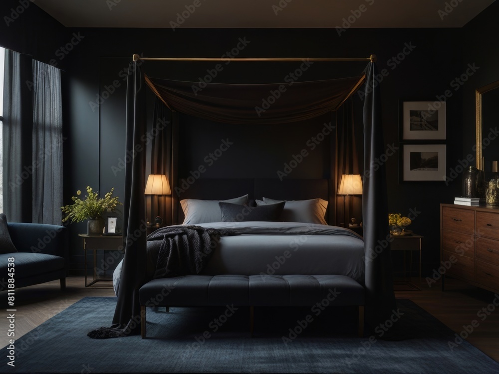 Step into a moody and inviting bedroom, with soft ambient lighting and a canopy bed draped in rich, dark fabrics. The perfect place to escape and unwind. Step into a moody and inviting bedroom, with soft ambient lighting and a canopy bed draped in rich, dark fabrics. The perfect place to escape and unwind.