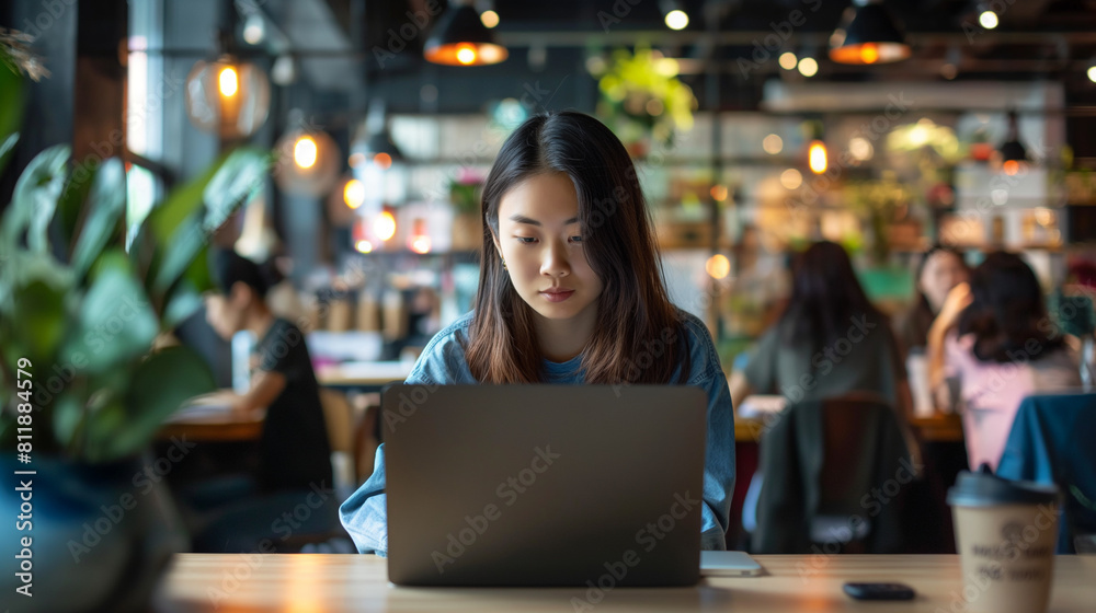 In a vibrant co-working space, a young Asian entrepreneur sits surrounded by fellow creatives, her laptop serving as her constant companion as she collaborates and innovates with p