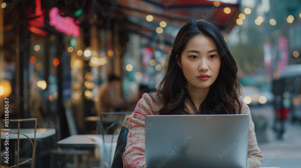 Fototapeta premium Against a backdrop of bustling city streets, a young Asian professional sits at a sidewalk cafe, her laptop open before her as she taps into the pulse of urban life, channeling the