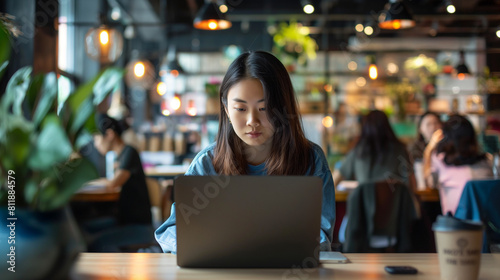 In a vibrant co-working space  a young Asian entrepreneur sits surrounded by fellow creatives  her laptop serving as her constant companion as she collaborates and innovates with p