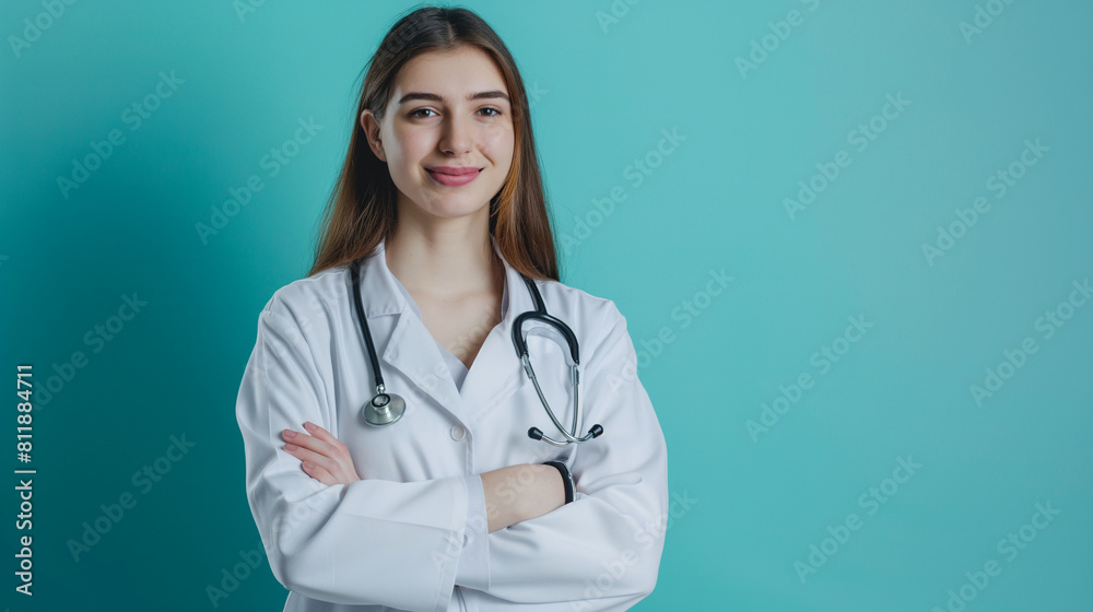 With a gentle smile, a young female doctor stands poised and professional in her white coat, stethoscope resting casually around her shoulders against a backdrop of calming turquoi With a gentle smile, a young female doctor stands poised and professional in her white coat, stethoscope resting casually around her shoulders against a backdrop of calming turquoi