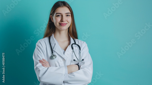 With a gentle smile  a young female doctor stands poised and professional in her white coat  stethoscope resting casually around her shoulders against a backdrop of calming turquoi