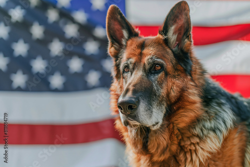 USA flag waving proudly in the background on Independence Day, a commercial photo focuses on the loyal and majestic presence of a German shepherd, enhancing the patriotic and festi
