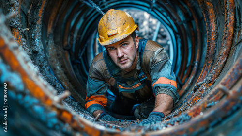 Focused construction worker inspecting or repairing an industrial pipeline, shot from within the pipe.