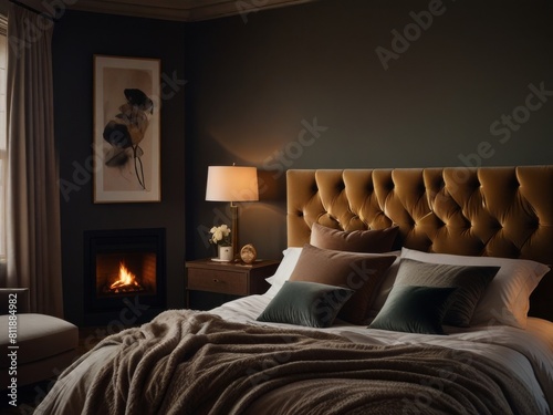 Transport yourself to a moody and intimate bedroom, with dim, warm lighting and a luxurious four-poster bed adorned with sheer curtains. The perfect setting for a romantic evening in