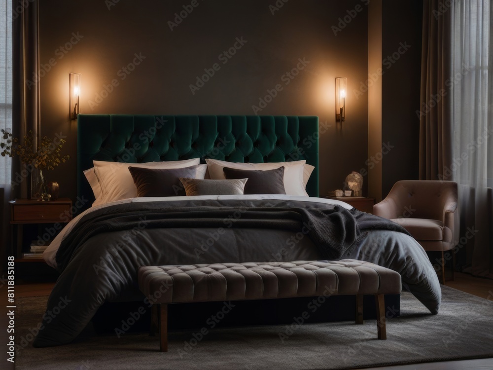 Transport yourself to a moody and intimate bedroom, with dim, warm lighting and a luxurious four-poster bed adorned with sheer curtains. The perfect setting for a romantic evening in Transport yourself to a moody and intimate bedroom, with dim, warm lighting and a luxurious four-poster bed adorned with sheer curtains. The perfect setting for a romantic evening in
