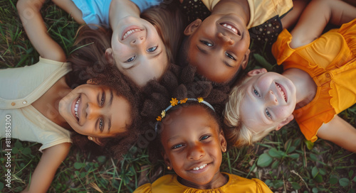 multiethnic children of different races  girls and boys ages five to seven years old lying on their backs in an open field smiling at the camera 