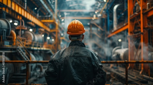 man in hardhat looking out over factory