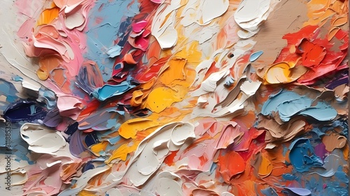 Palette knife paint, oil brushstrokes, and multicolored art texture on canvas (Generative AI)