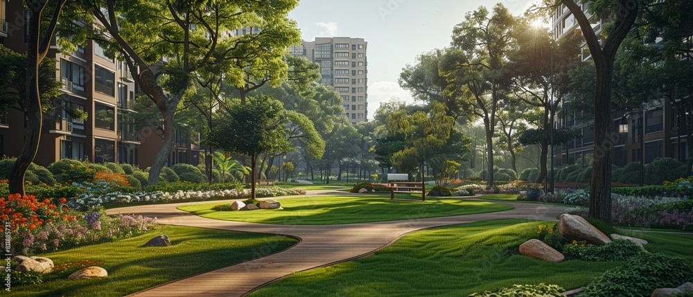 Urban park flat design front view city theme 3D design Urban park flat design front view city theme 3D design