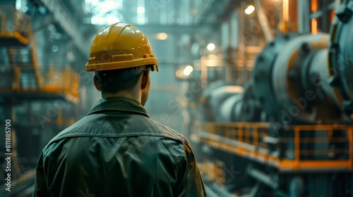 A man in a hard hat is looking at an industrial scene.