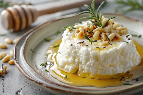 A top view of fluffy white mound of ricotta cheese covered in honey and topped with toasted pine nuts over a clean plate with a close shot and space, Generative AI.