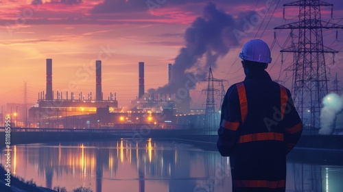 An engineer in hard hat looking at an industrial power plant at dusk.