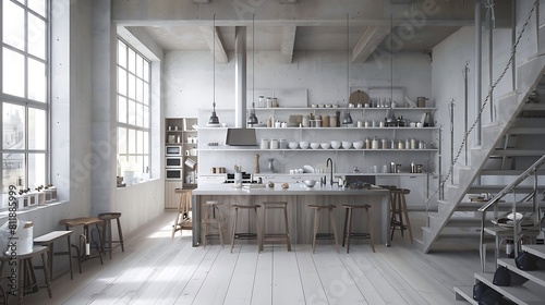Sleek Scandinavian kitchen layout optimized for a loft apartment. 3D rendering photo