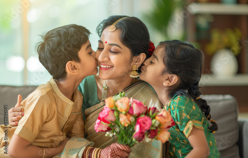 A beautiful Indian mother sitting on the sofa, holding flowers in her hand and smiling at the camera with two children kissing each other on the cheek for Mother's Day celebration. © Kien