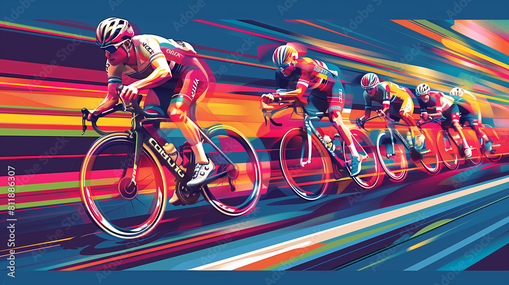 Fototapeta premium Tour de France cycling sport competition, abstract vector illustration; intense race. Spectacular world famous bicycle competition in France, europe. Poster or background design.