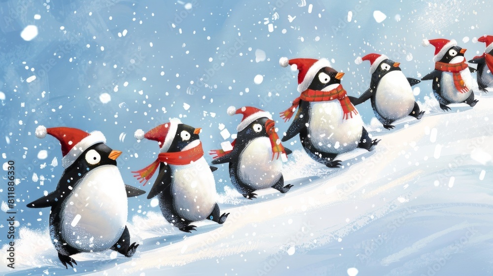Penguins in Santa Hats Walking in Snow | Festive Holiday Animals for Christmas Greetings, Winter Marketing and Children's Illustrations Penguins in Santa Hats Walking in Snow | Festive Holiday Animals for Christmas Greetings, Winter Marketing and Children's Illustrations